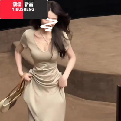 YIBUSHENG法式高级感v领连衣裙子女季2024新款梨形身材气质绝美收腰长裙