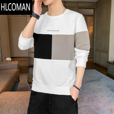 HLCOMAN男士撞色拼接长袖T恤2024秋季潮流圆领卫衣休闲上衣套头加绒体恤