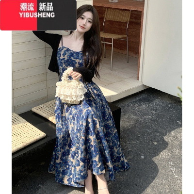 YIBUSHENG法式绝美收腰显瘦茶歇油画长裙2024新款气质碎花吊带连衣裙仙女