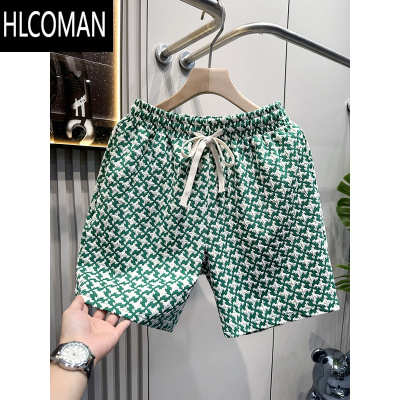 HLCOMAN轻奢潮牌千鸟格短裤男宽松四分沙滩裤豹纹复古休闲裤夏季运动短裤