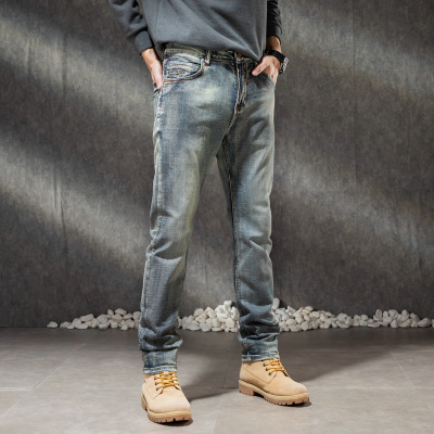 青年男士弹力休闲牛仔裤男男式磨白马骝修身显廋小脚男裤