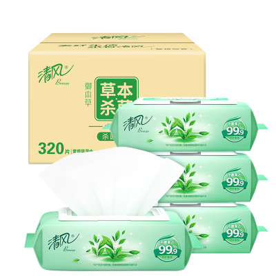 清风御本草杀菌湿巾80片*4包带盖抽取式