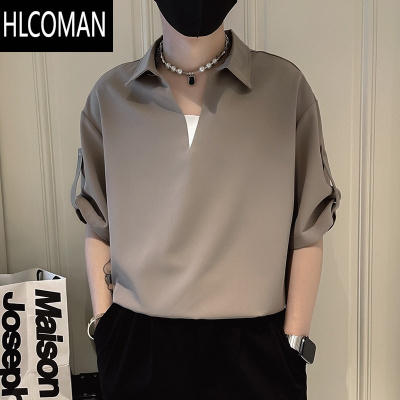 HLCOMAN衬衫男短袖polo衫套装假衬衫男痞帅冰丝V领T恤五分袖