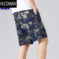 HLCOMAN白色印花短裤男宽松休闲五分裤沙滩裤居家大裤衩外穿