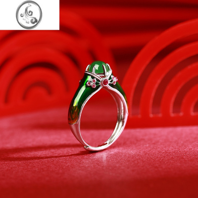 JiMi戒指女复古小众设计银银珐琅和田玉开口故生日礼物送女友