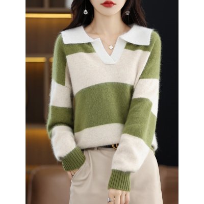 秋冬新款貂绒毛衣女POLO领套头拼色针织衫加厚保暖毛衣