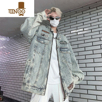 YANXU美式复古水洗牛仔外套男2023新款潮牌宽松休闲刺绣立领机车服