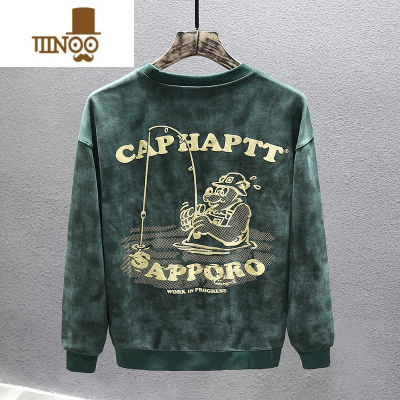 YANXU卫衣男秋季美式水洗做旧圆领长袖t恤宽松潮牌hiphop高街外套