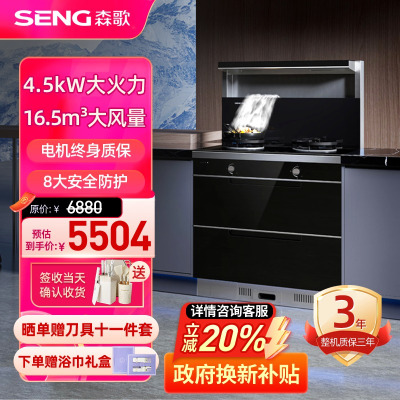 森歌(SENG)集成灶M3二星消毒柜外观美 大容量储物柜 小尺寸 集成灶油烟机燃气灶嵌入式双灶消毒柜厨房套装 天然气