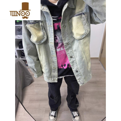 YANXU欧美高街黄泥做旧水洗口袋可拆卸牛仔夹克男女同款复古青年外套男
