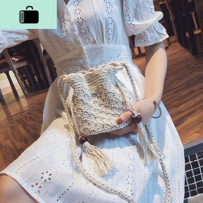编织包包女2020新款单肩编包休闲水桶包简约仙女包小清新斜挎包NEW LAKE 白色女士单肩包