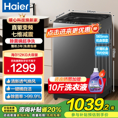 海尔(Haier)10公斤 变频 全自动 波轮洗衣机 1.0洗净比 纳米微泡净 除菌除螨 XQB100-BZ20B0