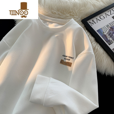 YANXU华夫格长袖T恤男士卫衣宽松休闲套头上衣纯色日系圆领打底衫大码