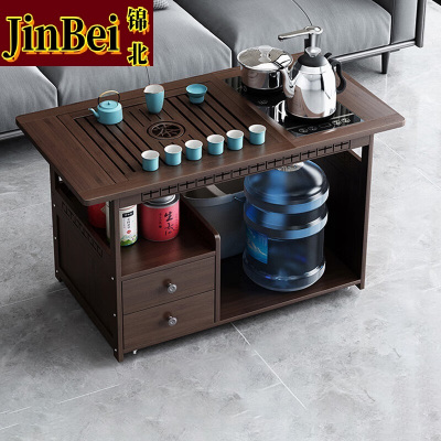 锦北 移动茶台家用竹木小茶桌烧水壶一体简约现代功夫茶几 80长全自动+孔雀茶具