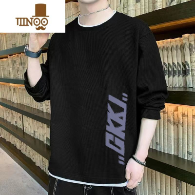 YANXU大码华夫格休闲上衣长袖T恤男士圆领宽松运动男百搭打底衫潮