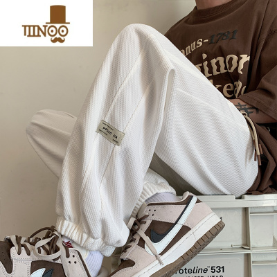 YANXU美式华夫格束脚男裤夏季休闲潮牌长裤抽绳运动帅气弹力薄款裤夏