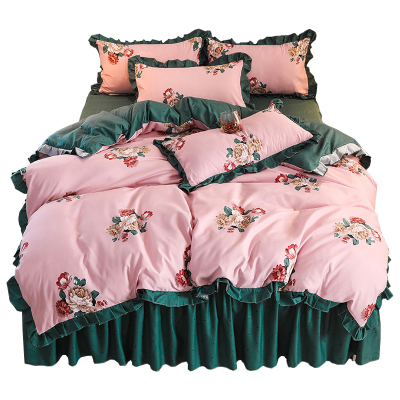 美帮汇小香风四件套仙女款被套风 少女一米八床裙式带花边床罩公主粉