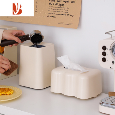 三维工匠简约升降纸巾盒高级感弹簧桌面抽纸盒客厅家用创意ins餐巾纸盒子 奶白纸巾盒1个+ins垃圾桶1个