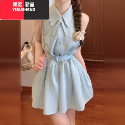 YIBUSHENG小个子看海边度假无袖连衣裙子女季2024新款韩系衬衫裙短裙