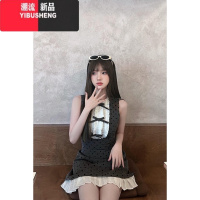 YIBUSHENG甜辣妹灰色波点拼接木耳边连衣裙女季设计感蝴蝶结收腰显瘦短裙
