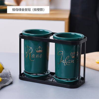 北欧陶瓷筷子筒家用厨房置物架筷子篓平放沥水筷子笼筷勺子收纳盒 敬平 祖母绿金皇冠(壁挂款)筷笼