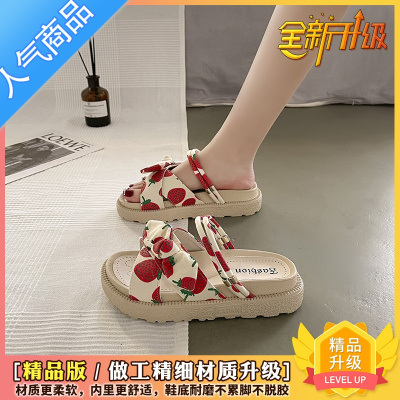 SUNTEK度假风拖鞋女夏季外穿2023新款蝴蝶结可爱松糕厚底两穿罗马一字拖