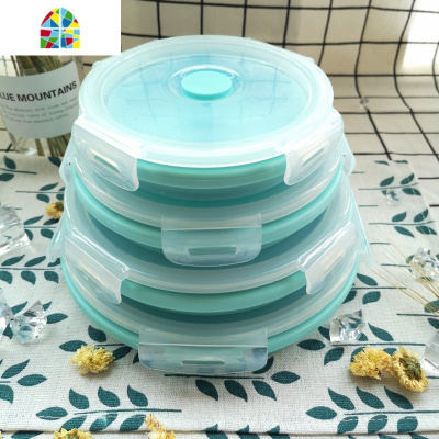 圆形硅胶折叠饭盒户外便携旅行抖音泡面碗可伸缩微波炉冰箱保鲜盒 FENGHOU