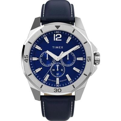 多功能石英表蓝盘皮质表带休闲商务防水手表