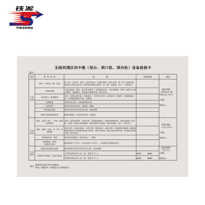 铁凇 无线列调区间中继(尾台、洞口机、洞内机)设备检修卡 297*210mm 张
