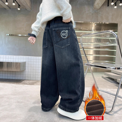 男童裤子加绒秋冬款新款冬装儿童牛仔裤中大童男孩直筒长裤潮