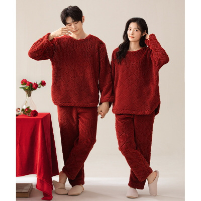 情侣睡衣秋冬季珊瑚绒本命年喜庆结婚大红色一男士一女家居服套装
