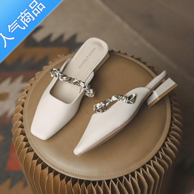 SUNTEK包头半拖鞋女夏外穿2023新款夏季尖头凉鞋粗跟凉拖鞋半托单鞋