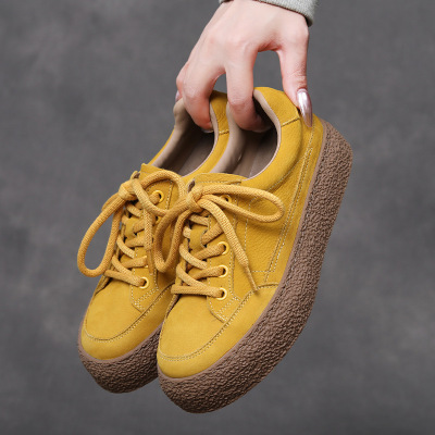 头层牛皮秋季新款圆头休闲运动鞋女厚底复古板鞋增高