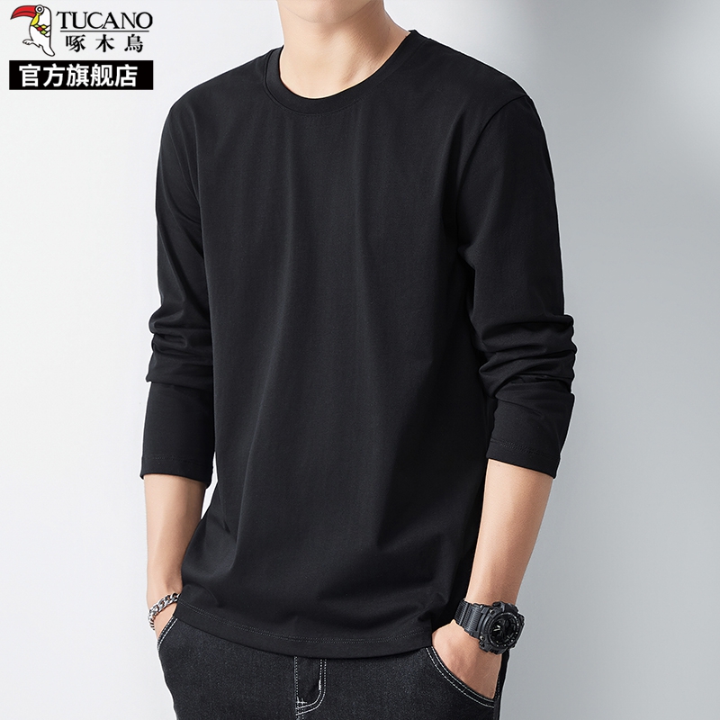 啄木鸟纯棉长袖t恤男士黑色秋衣2025新款秋季圆领打底衫男装上衣K