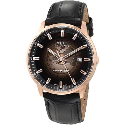 Mido男士指挥官系列自动机械表透明表盘黑皮带瑞士表