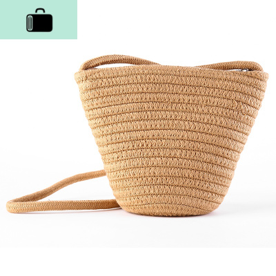 新款秋冬森系编织水桶包包女包棉线编包跨包韩版百搭单肩斜挎包NEW LAKE 卡其色小包女士单肩包