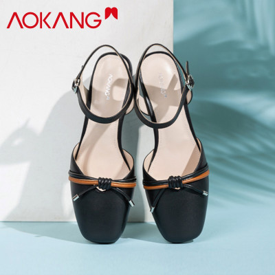 奥康女鞋气质百搭时装半包头中跟透气仙女一字扣带夏季凉鞋女