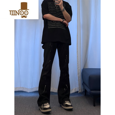 YANXU美式cleanfit黑色修身微喇泼墨牛仔裤男潮牌欧美高街vibe直筒裤子