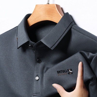 春秋新款男士长袖T恤中青年抗皱免烫长袖上衣 冰丝翻领长袖polo衫