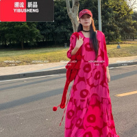 YIBUSHENG[一垛玫红]HL棉绸季方领短袖花朵印花宽松连衣裙法式浪漫长裙