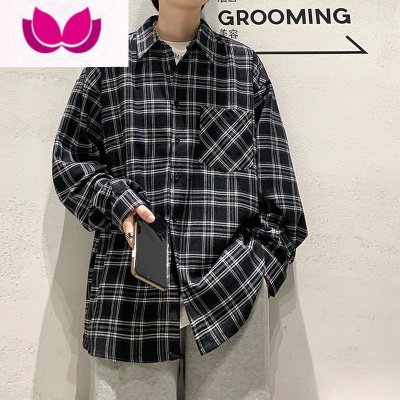 七斓休闲格子衬衫男痞帅翻领情侣衬衣百搭外套港风复古打底上衣服
