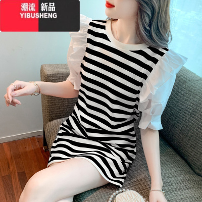 YIBUSHENG宽松休闲甜美减龄小个子遮肚泡泡袖木耳边拼接假两件条纹连衣裙