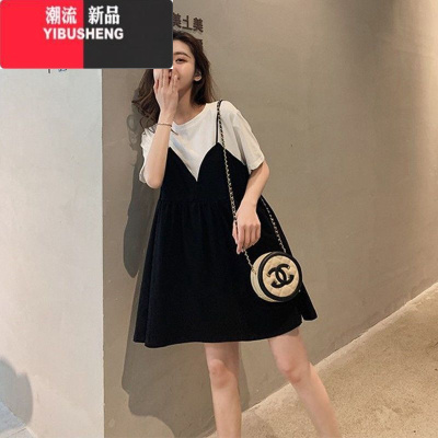 YIBUSHENG胖mm特大码300斤孕妇T恤裙2024春秋宽松藏肉显瘦吊带假两件连衣裙