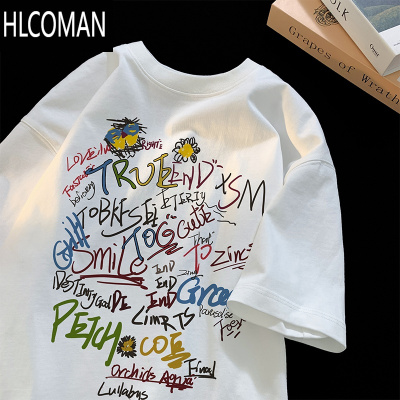 HLCOMAN涂鸦字母短袖t恤男潮牌美式嘻哈圆领衣服夏季青少年宽松体恤