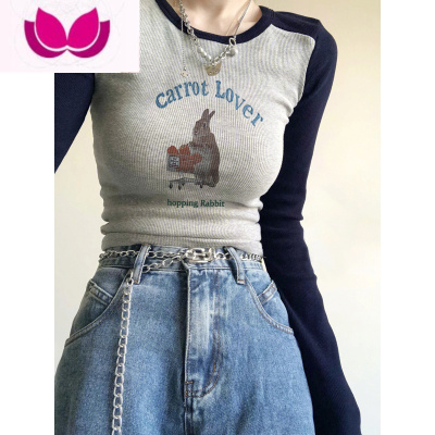 七斓复古卡通正肩长袖t恤女春季2023年新款内搭打底衫设计感小众上衣