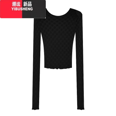 YIBUSHENG辣妹风刺绣网纱长袖T恤女春季小众别致罩衫收腰显瘦上衣