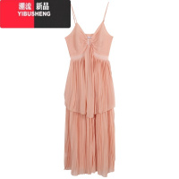 YIBUSHENG假两件挂脖吊带连衣裙女装季海边度假风长裙v领褶皱收腰a字裙子