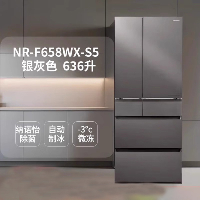 松下(Panasonic) 原装进口NR-F658WX-S5 自动制冰636升 一级能效多门冰箱 云雾灰
