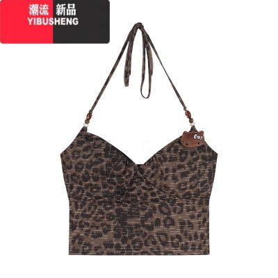 YIBUSHENG复古豹纹露背挂脖吊带连衣裙女季修身辣妹短裙显瘦收腰包臀裙子