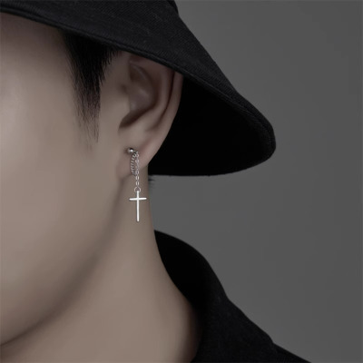 s925银十字架流苏吊坠耳钉甜酷风小众个性男女高级感简约百搭耳饰送女朋友老婆情人节七夕生日礼物